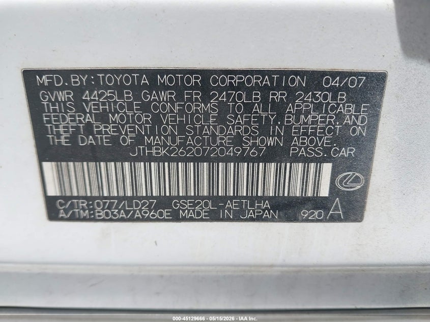 2007 Lexus Is 250 VIN JTHBK262072049767 IAAI salvage auction — FRONT & REAR, Original (Texas), sold $250 on 2026-07-08 (photo 9)
