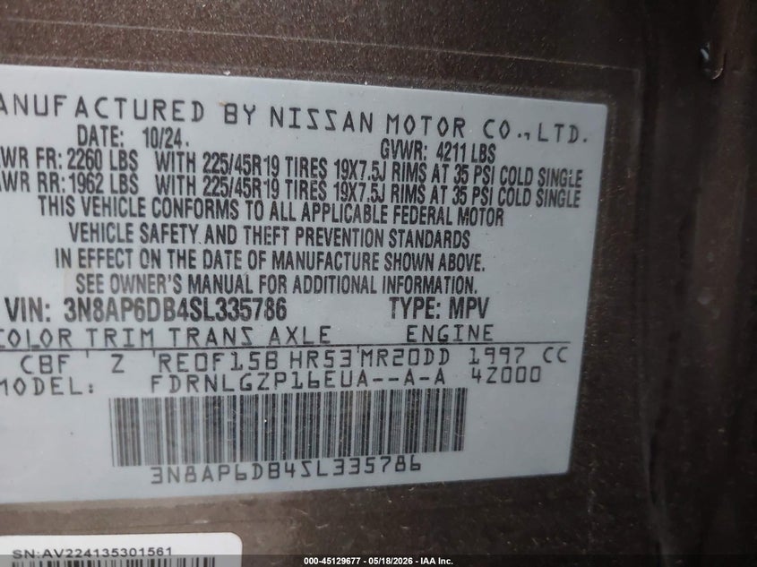 2025 Nissan Kicks VIN 3N8AP6DB4SL335786 IAAI salvage auction — HAIL, Salvage (Kansas), sold $7,100 on 2026-08-19 (photo 9)