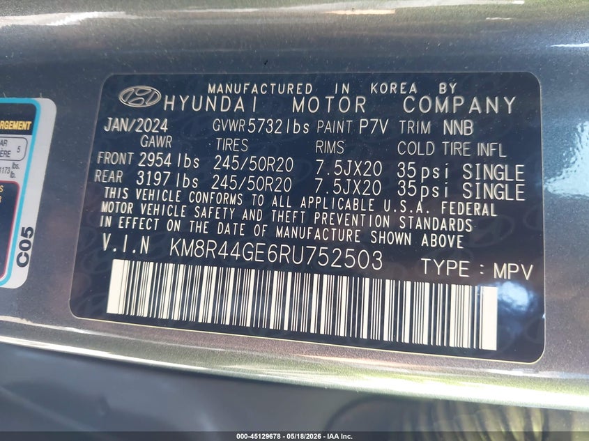2024 Hyundai Palisade VIN KM8R44GE6RU752503 IAAI salvage auction — FRONT & REAR, Salvage (Georgia), sold $10,000 on 2026-07-08 (photo 9)