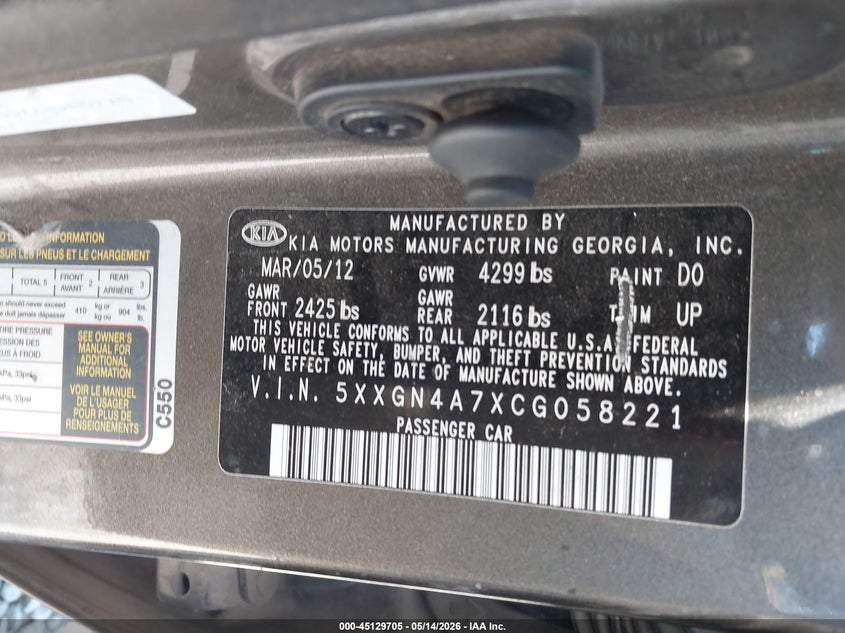 2012 Kia Optima VIN 5XXGN4A7XCG058221 IAAI salvage auction — FRONT END, Salvage (Georgia), sold $400 on 2026-07-13 (photo 9)