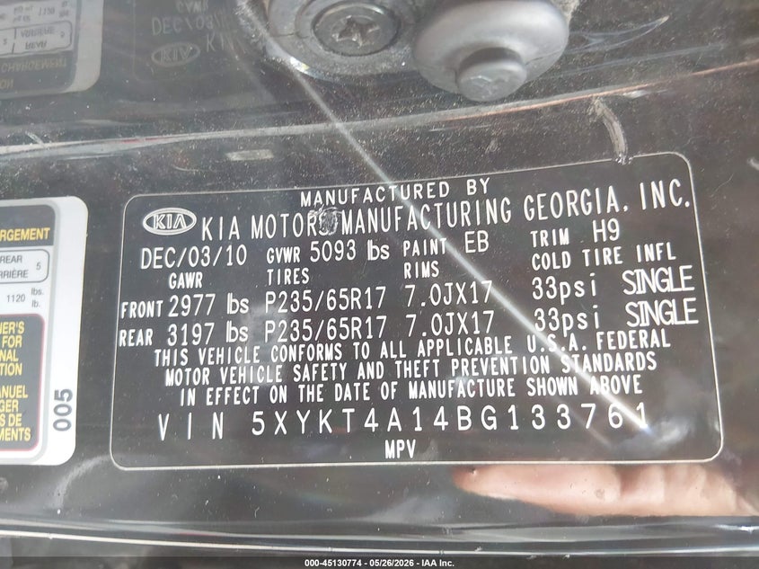 2011 Kia Sorento VIN 5XYKT4A14BG133761 IAAI salvage auction — LEFT FRONT, Salvage (Ohio), sold $700 on 2026-07-10 (photo 9)