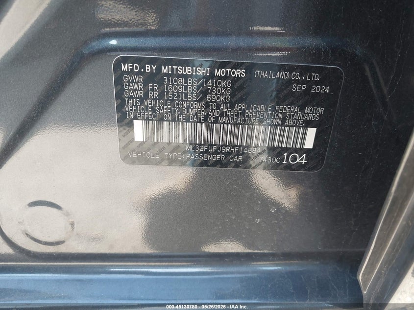 2024 Mitsubishi Mirage VIN ML32FUFJ9RHF14884 IAAI salvage auction — RIGHT REAR, Salvage (Massachusetts), sold $2,800 on 2026-07-17 (photo 9)