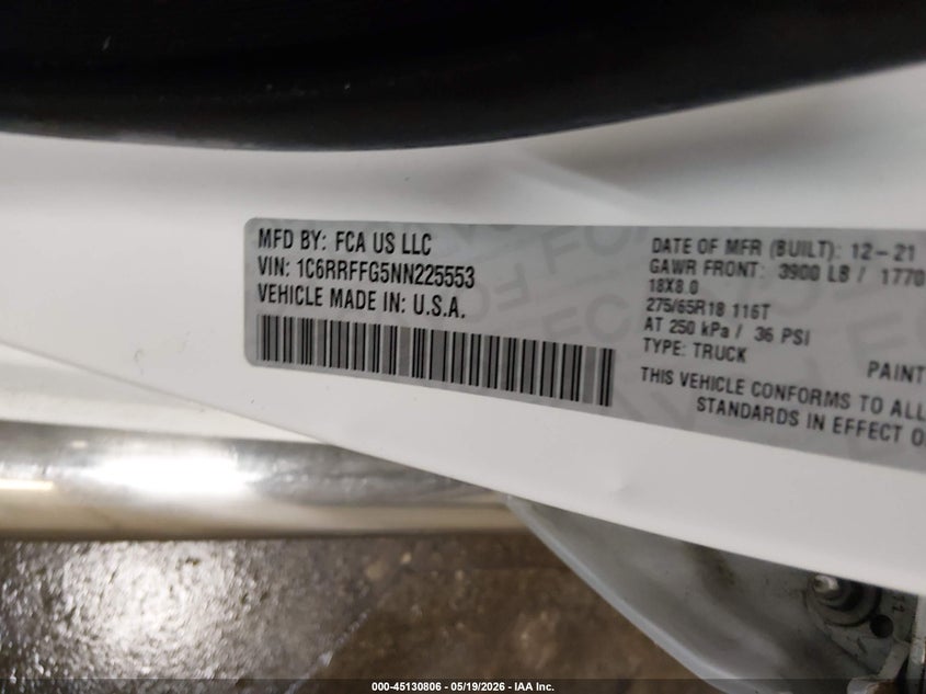 2022 Ram 1500 VIN 1C6RRFFG5NN225553 IAAI salvage auction — FRONT & REAR, Salvage (Idaho), sold $5,600 on 2026-07-24 (photo 9)