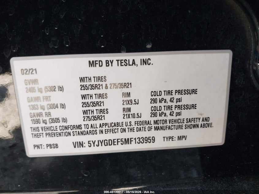 2021 Tesla Model y VIN 5YJYGDEF5MF133959 IAAI salvage auction — LEFT REAR, Salvage (Illinois), sold $12,750 on 2026-07-16 (photo 9)
