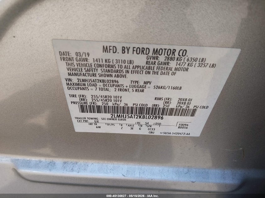 2019 Lincoln Mkt VIN 2LMHJ5AT2KBL02896 IAAI salvage auction — REAR END, Salvage (North Carolina), sold $1,200 on 2026-07-21 (photo 9)