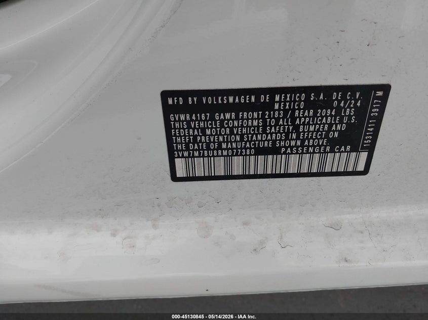 2024 Volkswagen Jetta VIN 3VW7M7BU8RM077380 IAAI salvage auction — FRONT END, Rebuildable (Florida), sold $7,975 on 2026-07-24 (photo 9)