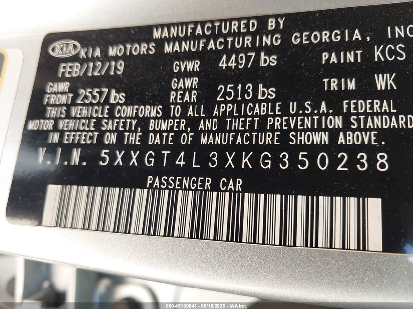 2019 Kia Optima VIN 5XXGT4L3XKG350238 IAAI salvage auction — FRONT END, Salvage (North Carolina), sold $2,300 on 2026-07-13 (photo 9)