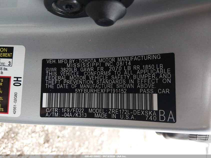 2015 Toyota Corolla VIN 5YFBURHEXFP191152 IAAI salvage auction — LEFT SIDE, Salvage (Illinois), sold $2,050 on 2026-07-08 (photo 9)