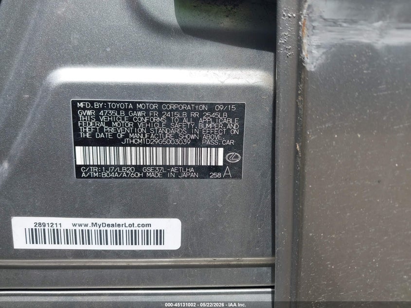 2016 Lexus VIN JTHCM1D29G5003039 IAAI salvage auction — FRONT END, Salvage (Massachusetts), sold $2,500 on 2026-07-24 (photo 9)
