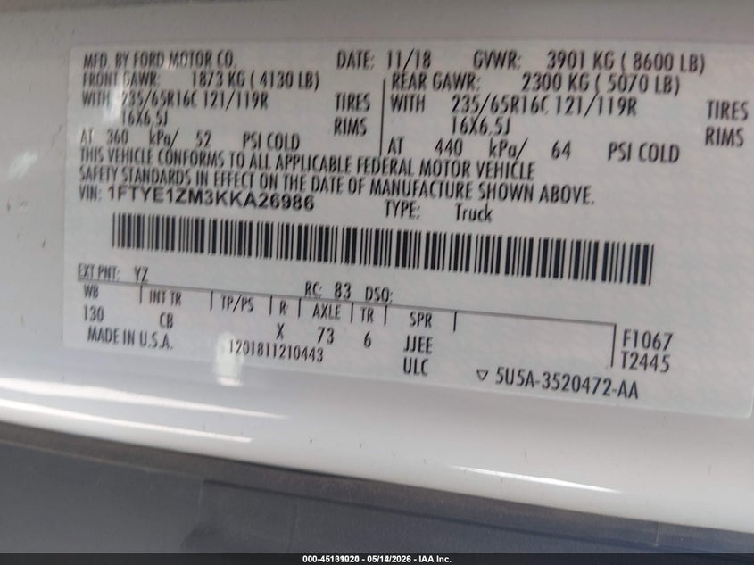 2019 Ford Transit 150 VIN 1FTYE1ZM3KKA26986 IAAI salvage auction — NORMAL WEAR, Sf97 (Colorado), sold $23,250 on 2026-07-08 (photo 9)