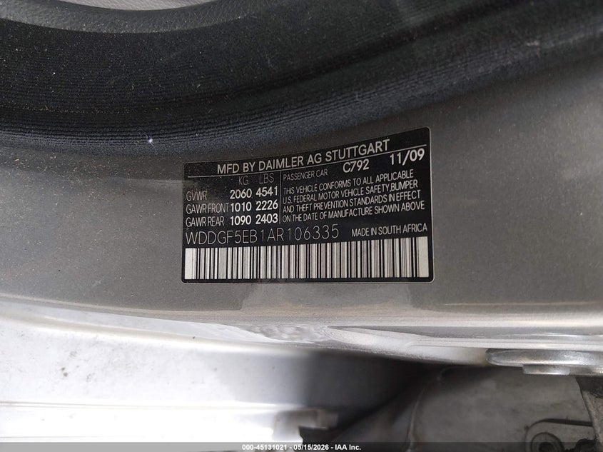 2010 Mercedes-benz C class VIN WDDGF5EB1AR106335 IAAI salvage auction — RIGHT FRONT, Salvage (South Carolina), sold $625 on 2026-07-14 (photo 9)