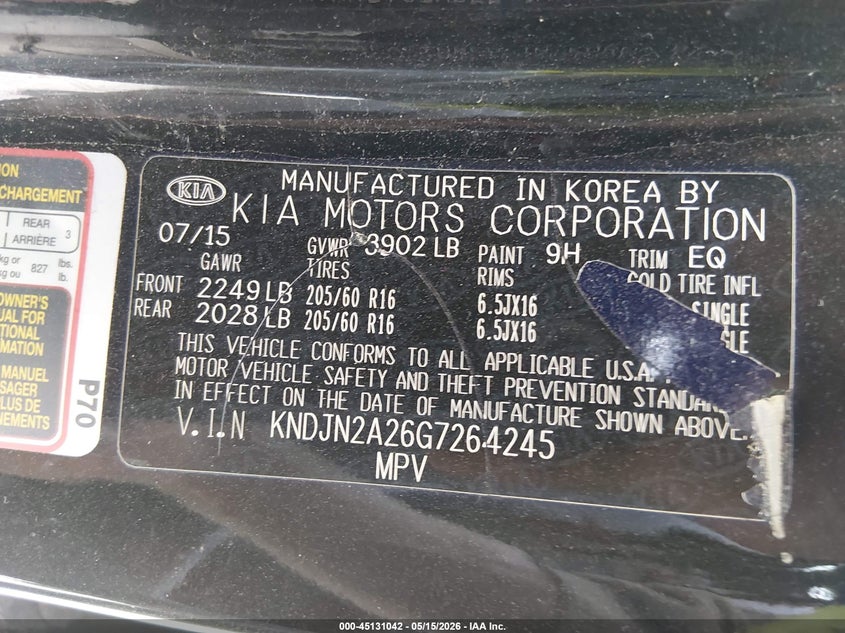 2016 Kia Soul VIN KNDJN2A26G7264245 IAAI salvage auction — FRONT END, Salvage (Ohio), sold $175 on 2026-07-08 (photo 9)