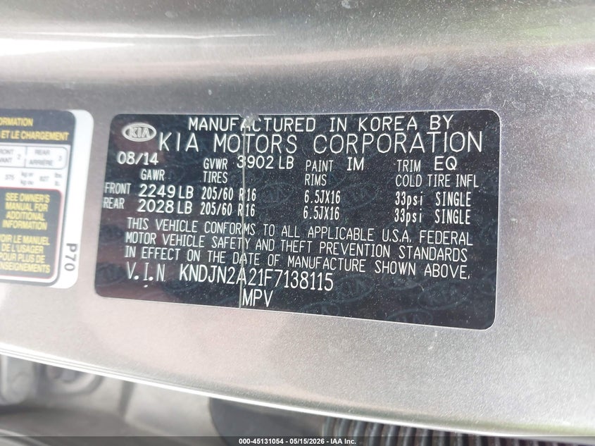 2015 Kia Soul VIN KNDJN2A21F7138115 IAAI salvage auction — HAIL, Clear (Missouri), sold $1,425 on 2026-07-13 (photo 9)