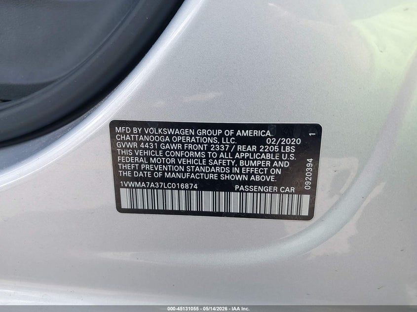 2020 Volkswagen Passat VIN 1VWMA7A37LC016874 IAAI salvage auction — FRONT END, Original (Texas), sold $1,800 on 2026-07-30 (photo 9)