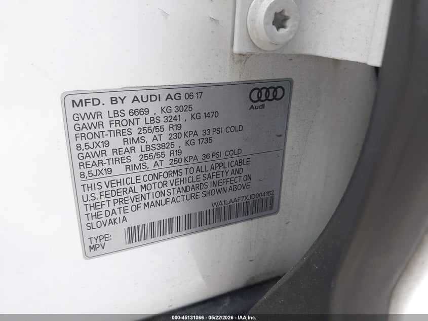 2018 Audi Q7 VIN WA1LAAF7XJD004162 IAAI salvage auction — LEFT SIDE, Salvage (Georgia), sold $7,400 on 2026-07-29 (photo 9)