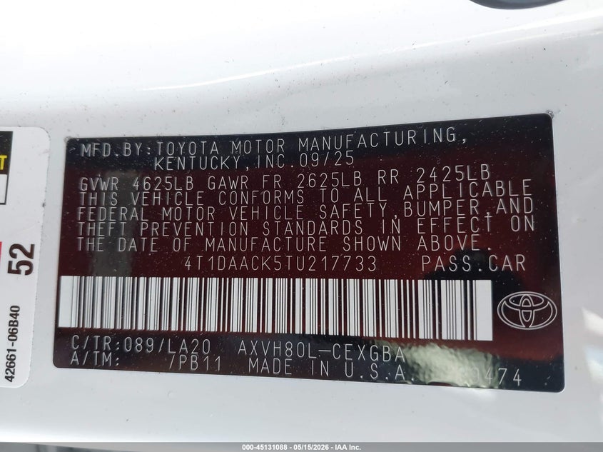 2026 Toyota Camry VIN 4T1DAACK5TU217733 IAAI salvage auction — FRONT END, Salvage (Alabama), sold $16,400 on 2026-07-25 (photo 9)