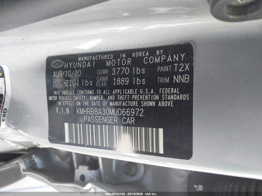 2021 Hyundai Venue VIN KMHRB8A30MU066972 IAAI salvage auction — LEFT SIDE, Salvage (Georgia), sold $2,750 on 2026-07-14 (photo 9)