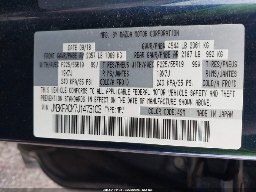2018 Mazda Cx-5 VIN JM3KFACM7J1473103 IAAI salvage auction — REAR END, Salvage (Louisiana), sold $5,075 on 2026-07-14 (photo 9)