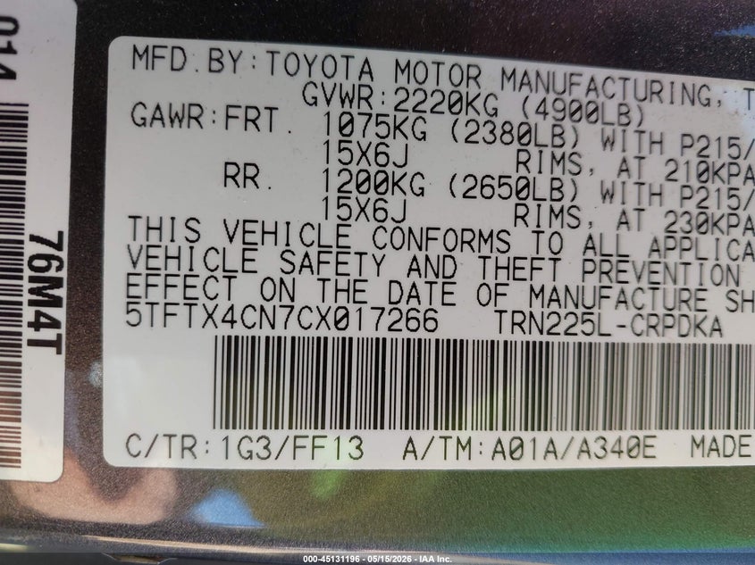 2012 Toyota Tacoma VIN 5TFTX4CN7CX017266 IAAI salvage auction — FRONT END, Salvage (North Carolina), sold $4,900 on 2026-07-27 (photo 9)