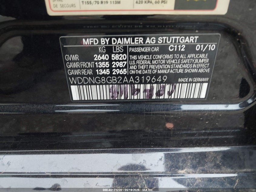 2010 Mercedes-benz S class VIN WDDNG8GB2AA319649 IAAI salvage auction — FRONT END, Clear (Oklahoma), sold $975 on 2026-08-19 (photo 9)