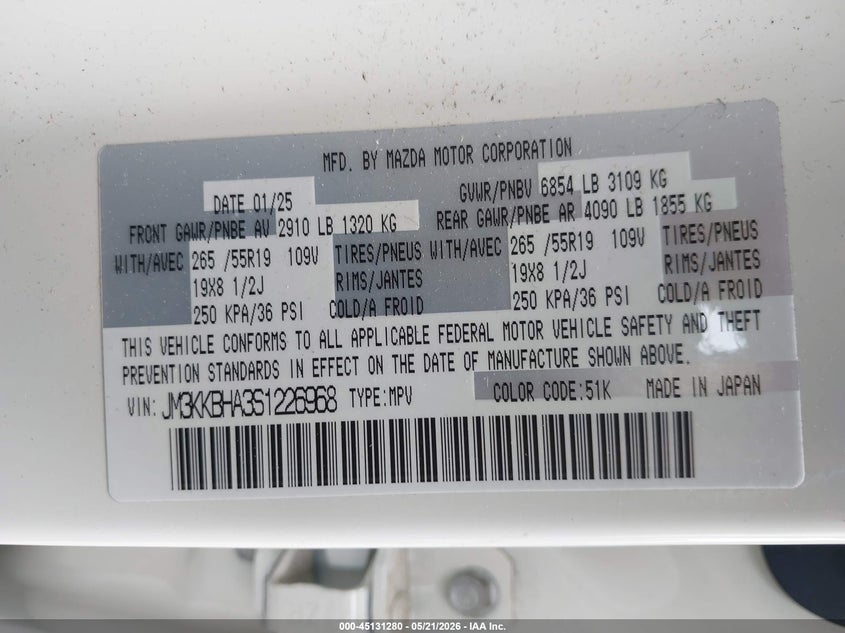 2025 Mazda Cx-90 VIN JM3KKBHA3S1226968 IAAI salvage auction — SIDE, Wait Title, sold $13,300 on 2026-08-24 (photo 9)