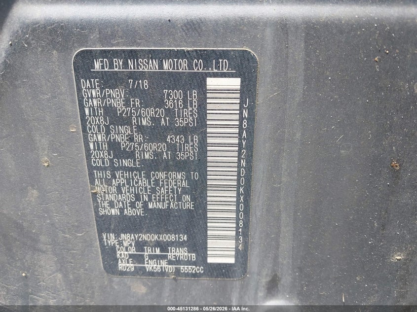 2019 Nissan Armada VIN JN8AY2ND0KX008134 IAAI salvage auction — HAIL, Salvage (Arkansas), sold $5,300 on 2026-07-24 (photo 9)
