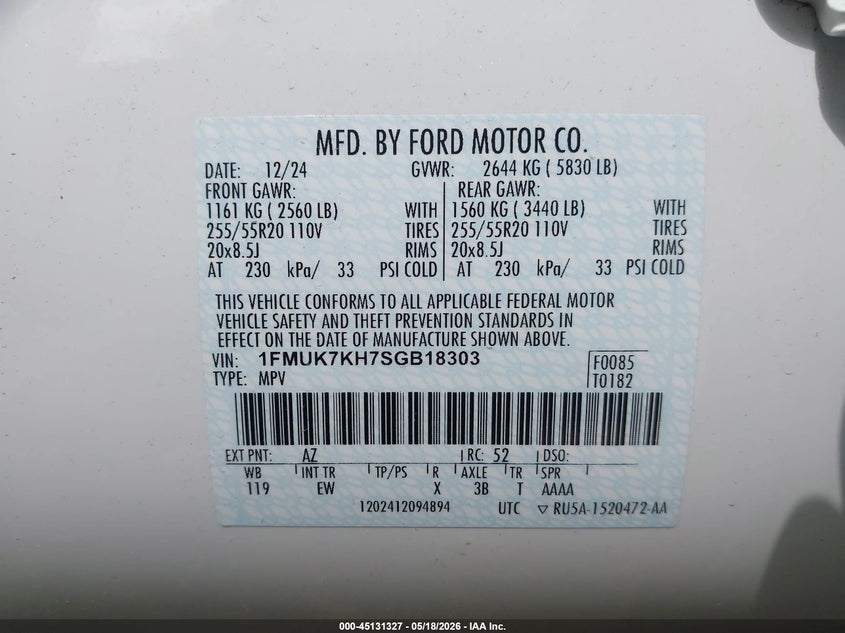 2025 Ford Explorer VIN 1FMUK7KH7SGB18303 IAAI salvage auction — REAR END, Original (Texas), sold $15,500 on 2026-07-28 (photo 9)