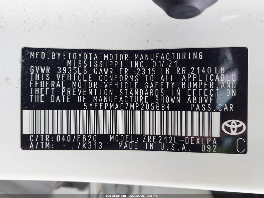 2021 Toyota Corolla VIN 5YFEPMAE7MP205684 IAAI salvage auction — FRONT END, Salvage (Ohio), sold $3,150 on 2026-07-09 (photo 9)