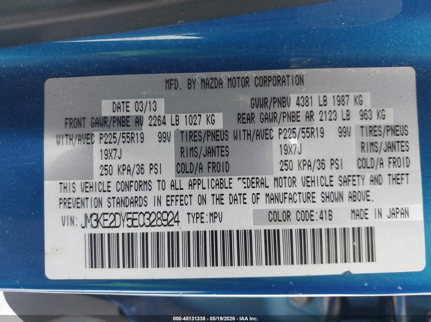 2014 Mazda Cx-5 VIN JM3KE2DY5E0328924 IAAI salvage auction — HAIL, Original (Texas), sold $3,150 on 2026-07-08 (photo 9)