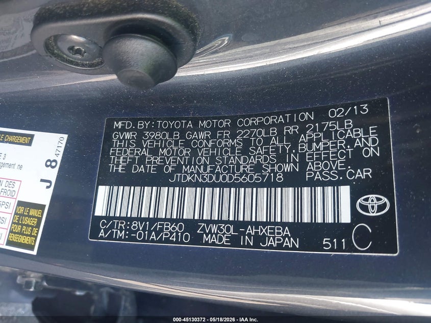 2013 Toyota Prius VIN JTDKN3DU0D5605718 IAAI salvage auction — NORMAL WEAR, Clear (Montana), sold $300 on 2026-07-15 (photo 9)