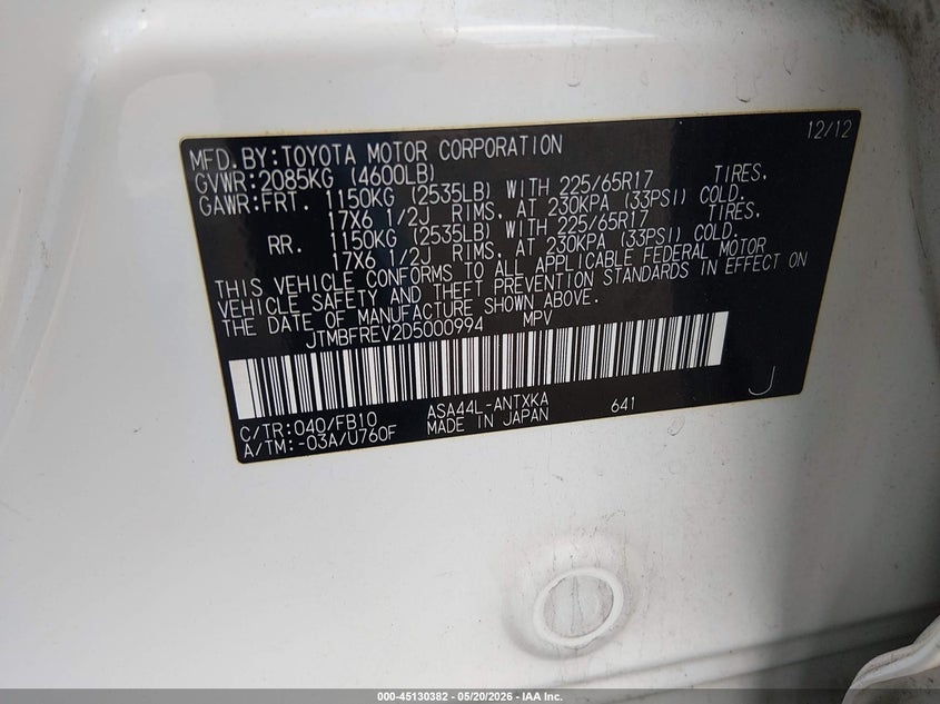 2013 Toyota Rav 4 VIN JTMBFREV2D5000994 IAAI salvage auction — FRONT END, Salvage (New Jersey), sold $4,975 on 2026-07-13 (photo 9)