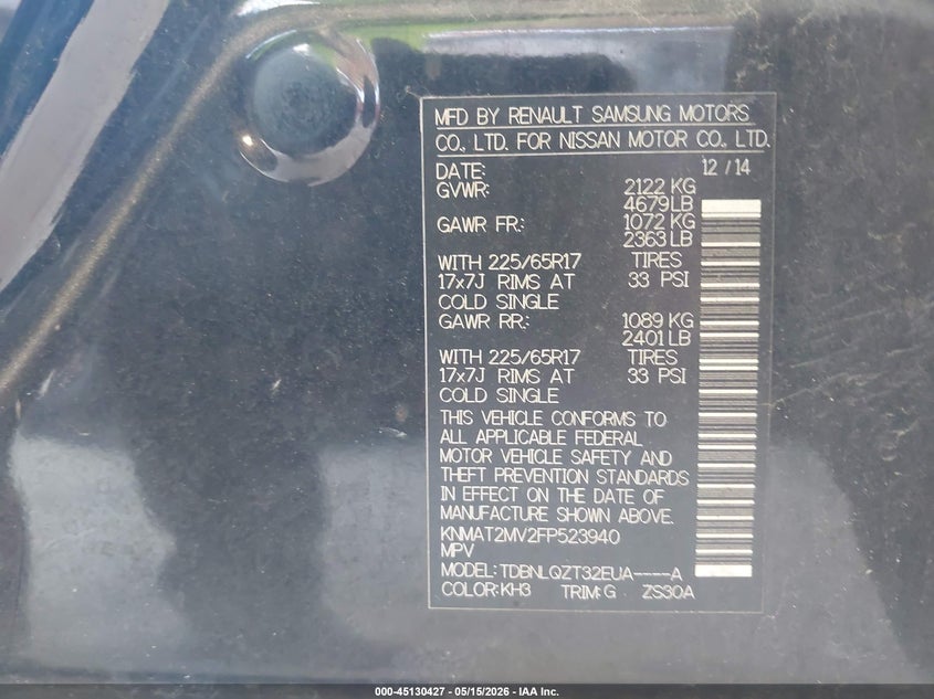 2015 Nissan Rogue VIN KNMAT2MV2FP523940 IAAI salvage auction — FRONT END, Clear (Florida), sold $425 on 2026-07-28 (photo 9)