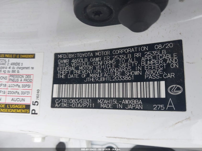 2020 Lexus Ux VIN JTHE9JBH1L2033861 IAAI salvage auction — FRONT END, Original (Texas), sold $4,100 on 2026-07-16 (photo 9)