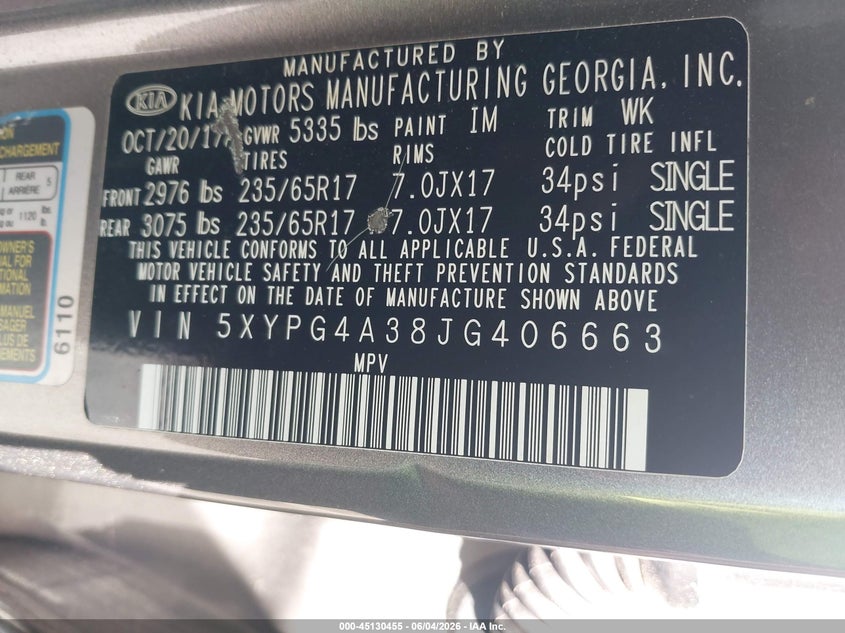 2018 Kia Sorento VIN 5XYPG4A38JG406663 IAAI salvage auction — REAR END, Salvage Title, sold $3,200 on 2026-07-22 (photo 9)