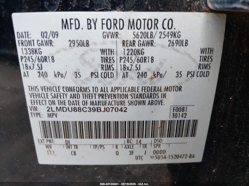 2009 Lincoln Mkx VIN 2LMDU88C39BJ07042 IAAI salvage auction — LEFT SIDE, Clear (Oklahoma), sold $300 on 2026-07-22 (photo 9)