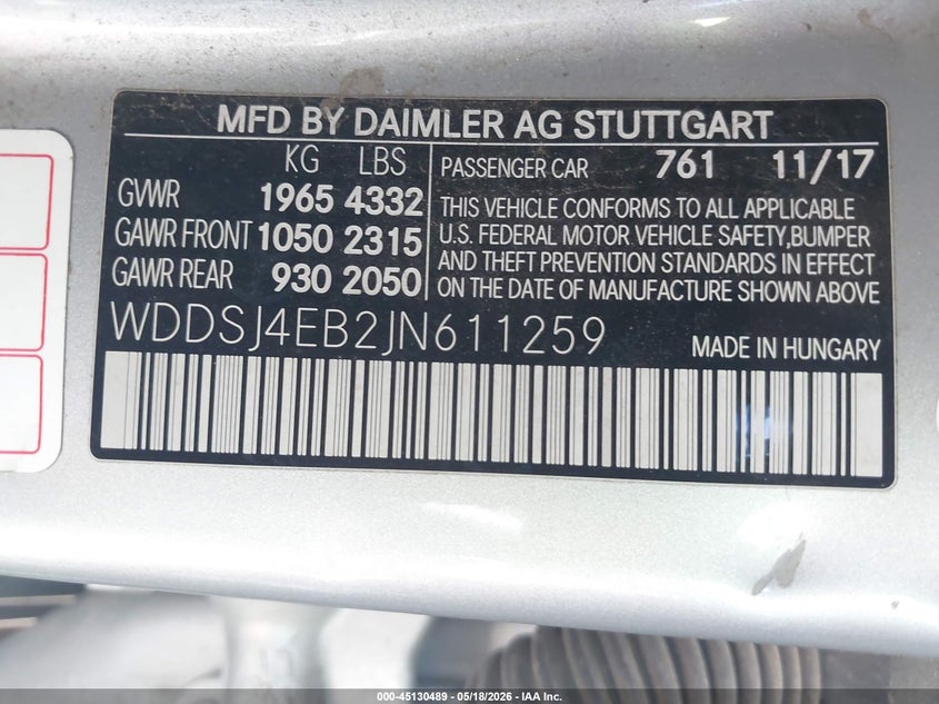 2018 Mercedes-benz Cla-klasse VIN WDDSJ4EB2JN611259 IAAI salvage auction — FRONT END, Salvage (California), sold $2,375 on 2026-07-15 (photo 9)