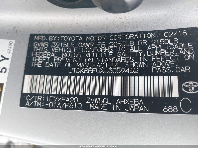 2018 Toyota Prius VIN JTDKBRFUXJ3059462 IAAI salvage auction — INTERIOR BURN, Salvage (Massachusetts), sold $2,600 on 2026-07-31 (photo 9)