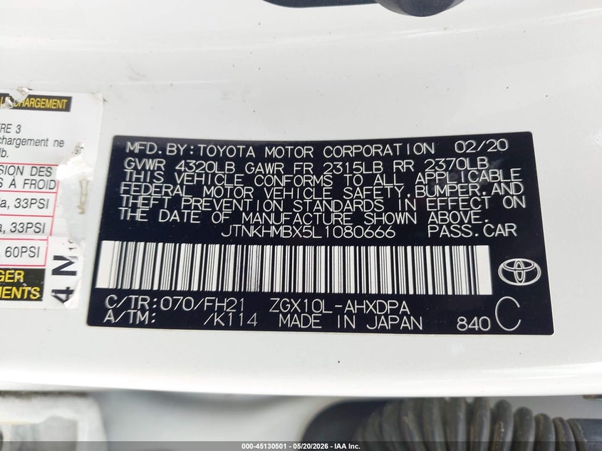 2020 Toyota C-hr VIN JTNKHMBX5L1080666 IAAI salvage auction — FRONT END, Salvage (Georgia), sold $4,250 on 2026-07-24 (photo 9)