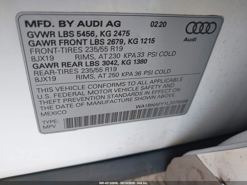2020 Audi Q5 VIN WA1BNAFY1L2070008 IAAI salvage auction — REAR END, Mv-907A (New York), sold $10,900 on 2026-07-14 (photo 9)