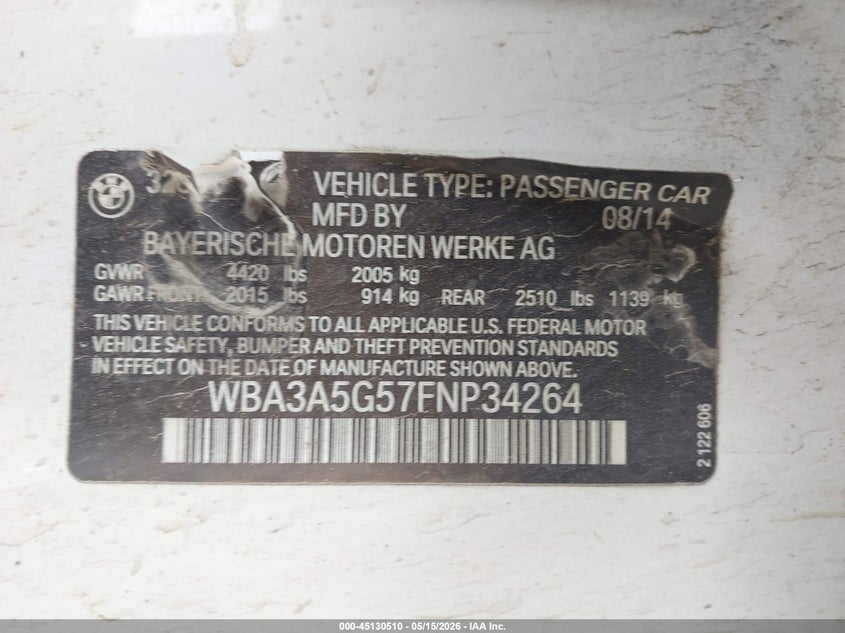 2015 BMW 3er VIN WBA3A5G57FNP34264 IAAI salvage auction — FRONT END, Original (Texas), sold $875 on 2026-07-07 (photo 9)