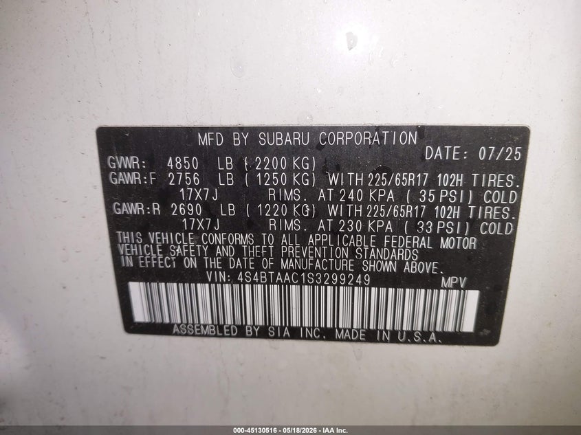 2025 Subaru Outback VIN 4S4BTAAC1S3299249 IAAI salvage auction — SIDE, Salvage (Maine), sold $8,100 on 2026-08-24 (photo 9)