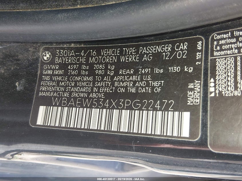 2003 BMW 3 series VIN WBAEW534X3PG22472 IAAI salvage auction — FRONT END, Salvage (Nevada), sold $25 on 2026-07-31 (photo 9)
