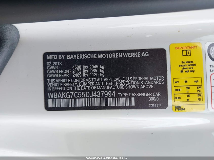 2013 BMW 3er VIN WBAKG7C55DJ437994 IAAI salvage auction — HAIL, Clear (Missouri), sold $5,000 on 2026-08-03 (photo 9)