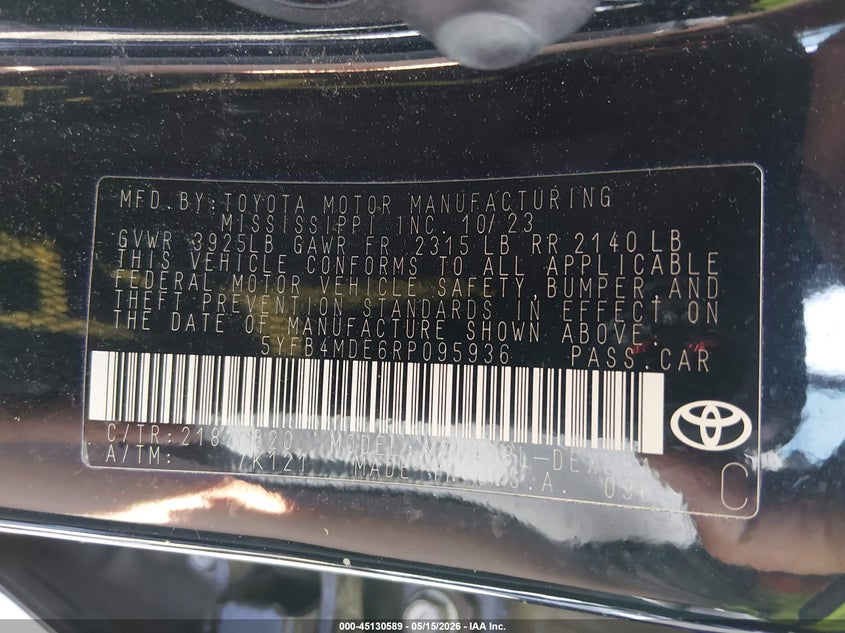 2024 Toyota Corolla VIN 5YFB4MDE6RP095936 IAAI salvage auction — RIGHT FRONT, Salvage (North Carolina), sold $4,175 on 2026-07-08 (photo 9)