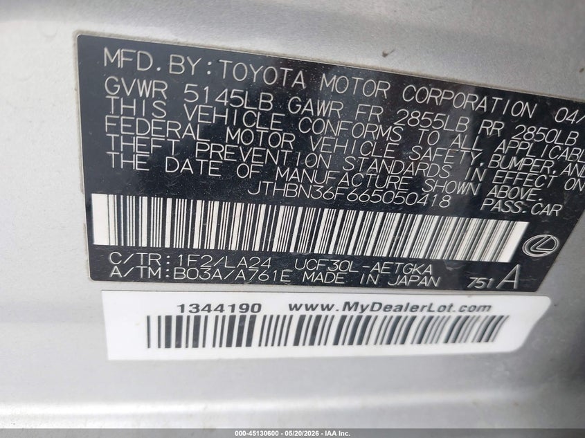 2006 Lexus Ls VIN JTHBN36F665050418 IAAI salvage auction — FRONT END, Salvage (Texas), sold $1,150 on 2026-07-22 (photo 9)