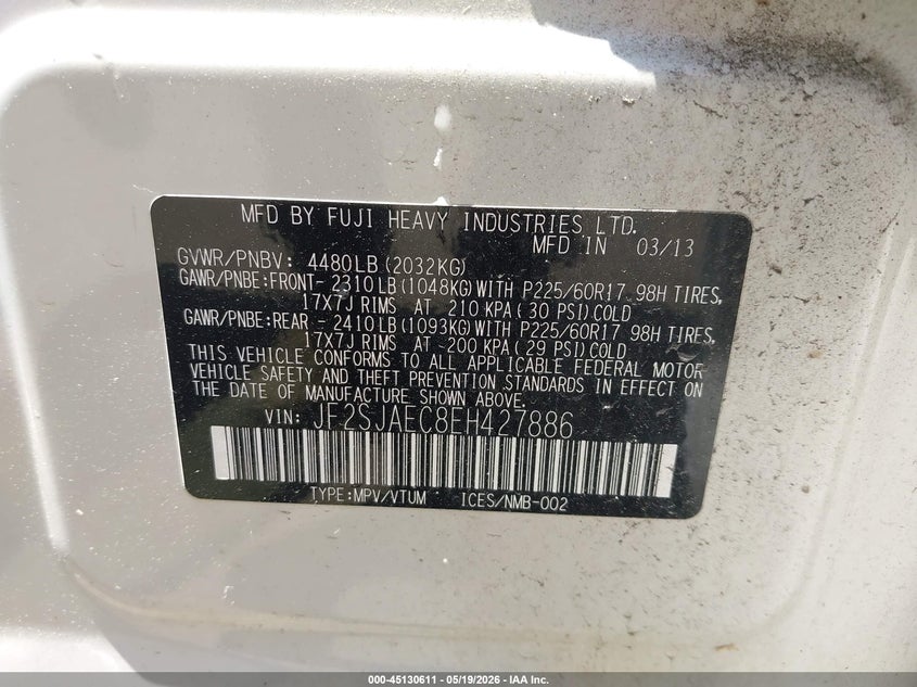 2014 Subaru Forester VIN JF2SJAEC8EH427886 IAAI salvage auction — REAR END, Salvage - Greater Than 75% (Maryland), sold $1,200 on 2026-07-08 (photo 9)