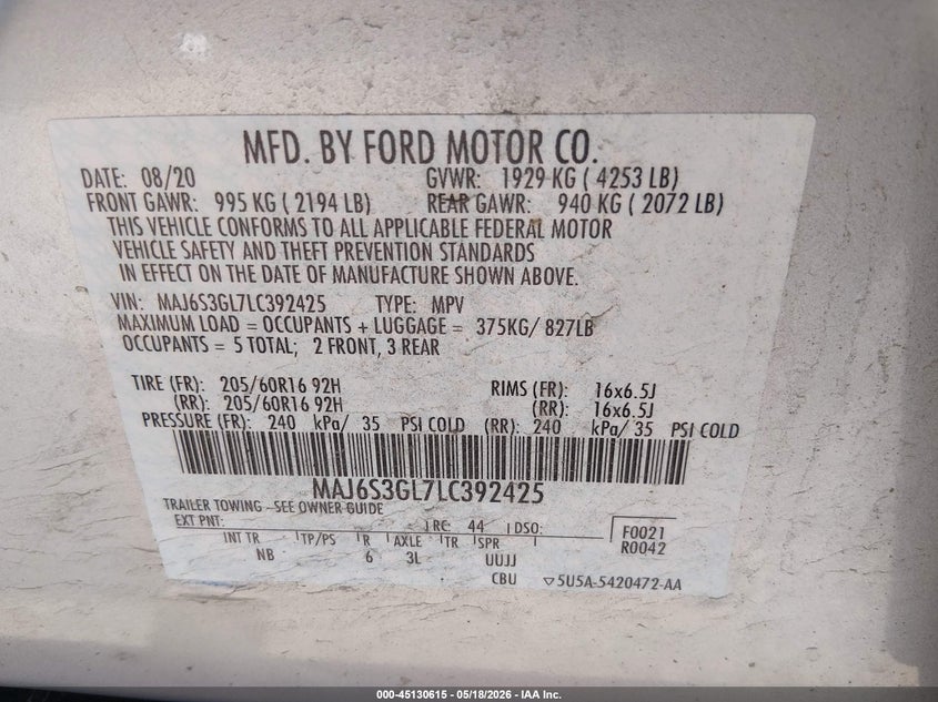 2020 Ford Ecosport VIN MAJ6S3GL7LC392425 IAAI salvage auction — FRONT END, Salvage (Ohio), sold $25 on 2026-07-28 (photo 9)