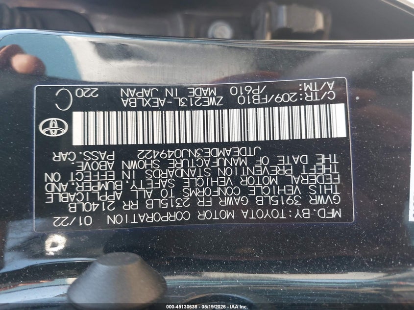 2022 Toyota Corolla VIN JTDEAMDE3NJ049422 IAAI salvage auction — REAR END, Salvage (Massachusetts), sold $3,550 on 2026-07-10 (photo 9)