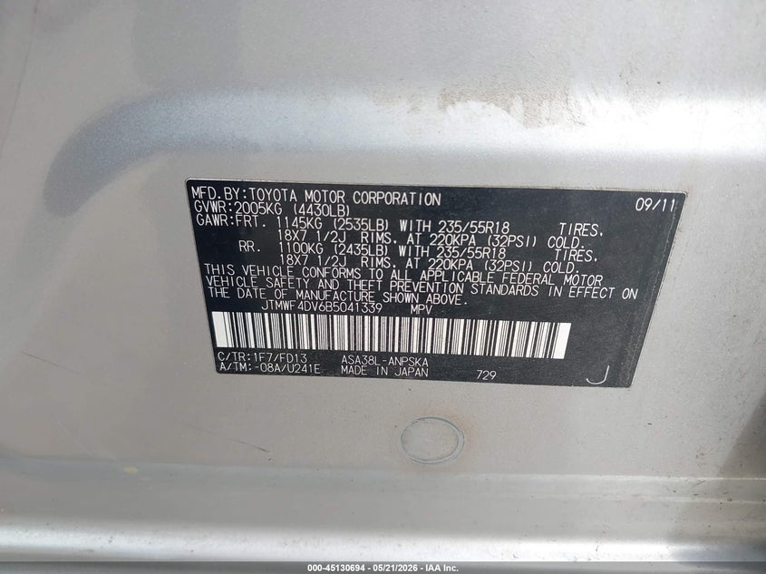 2011 Toyota Rav 4 VIN JTMWF4DV6B5041339 IAAI salvage auction — FRONT END, Salvage - Greater Than 75% (Maryland), sold $2,450 on 2026-07-15 (photo 9)