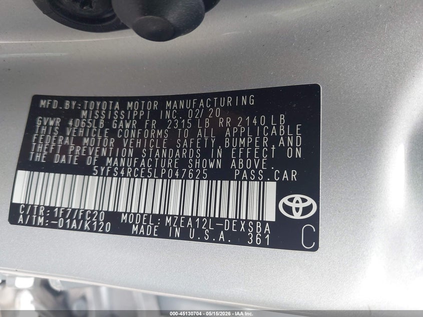 2020 Toyota Corolla VIN 5YFS4RCE5LP047625 IAAI salvage auction — LEFT SIDE, Salvage (Rhode Island), sold $9,100 on 2026-07-07 (photo 9)